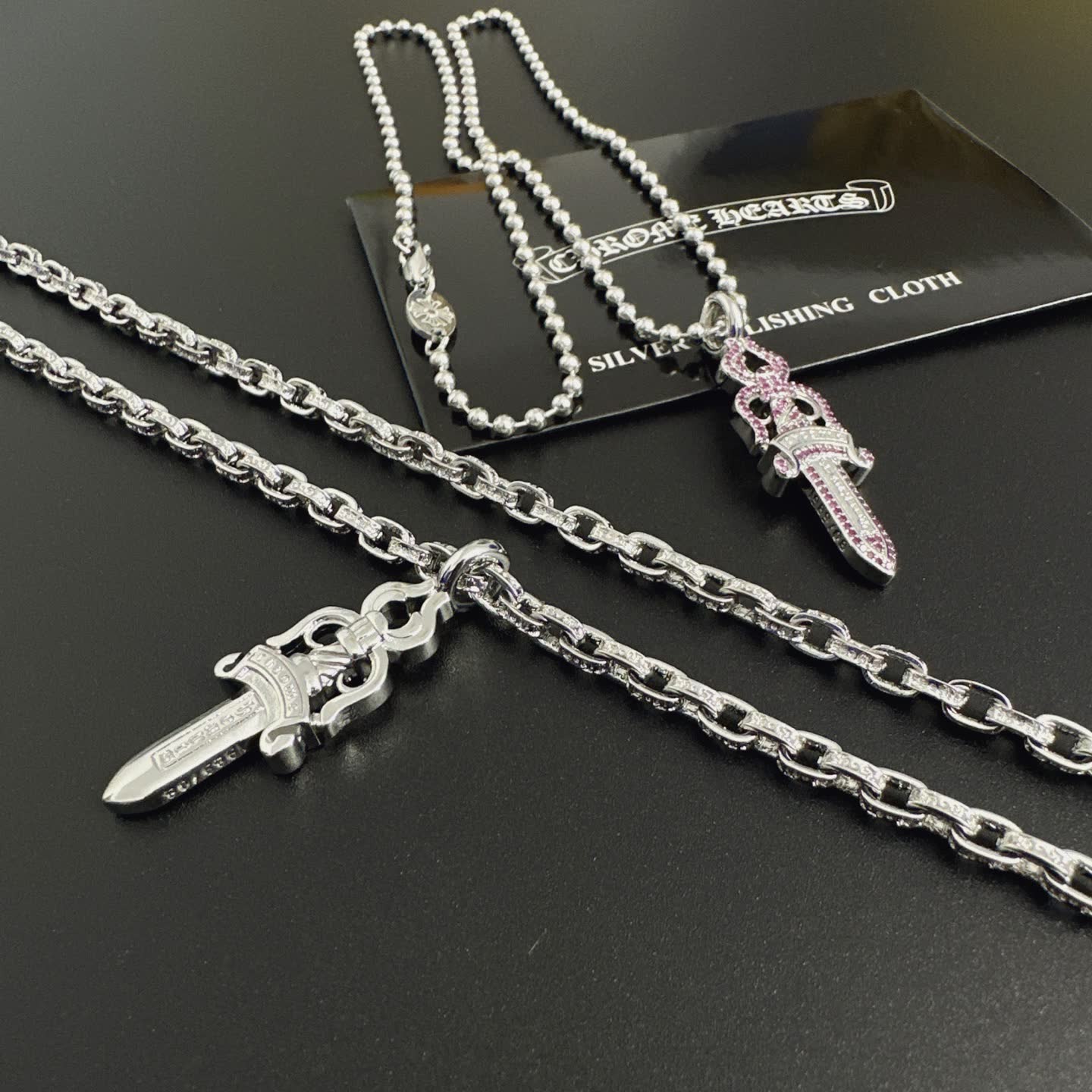 Chrome Hearts Silver Sword Pendant Necklace with Pink Stones